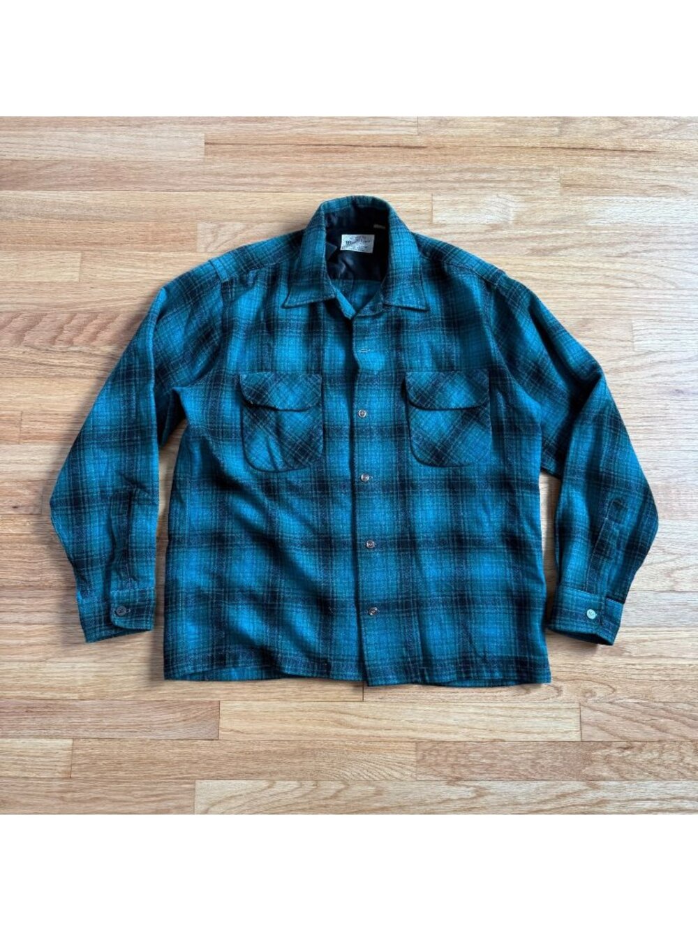 Vintage 1970's Woolshire Teal Plaid Wool Flannel Medium